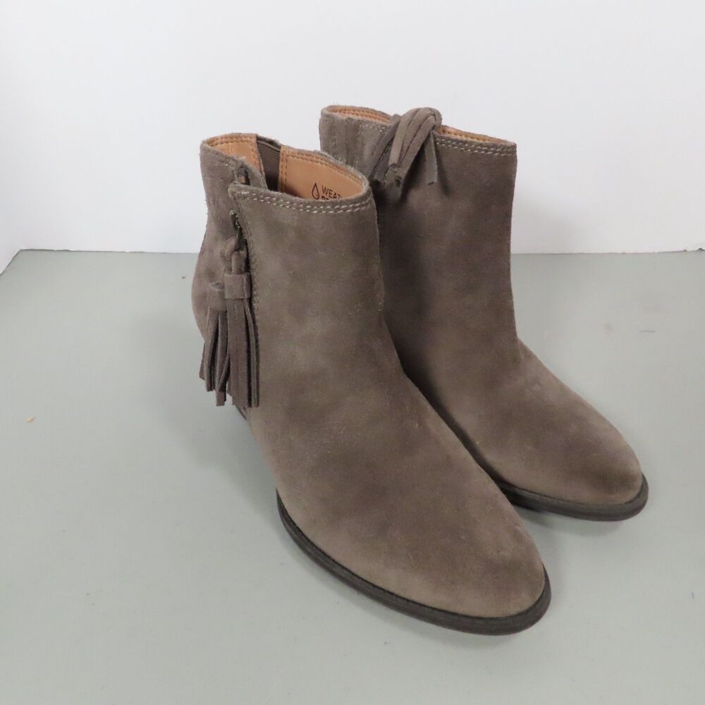 Vionic Madeline Taupe Brown Suede Tassel Heel Bootie Weatherproof Womens Size 5